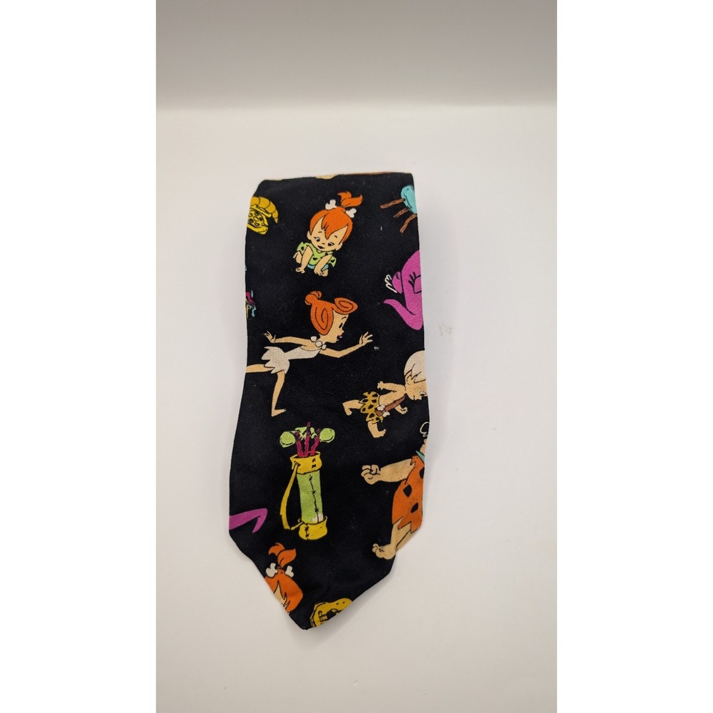 Vtg Ralph Marlin The Flintstones Men's Tie Black Hanna Barbera Fred Wilma Dino